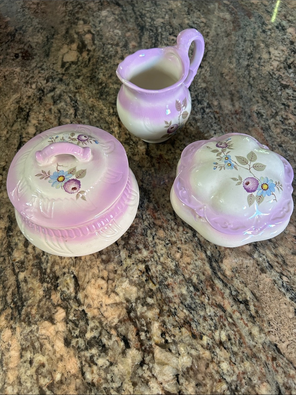Vintage Lavender Floral Porcelain 3 Piece Chamber set